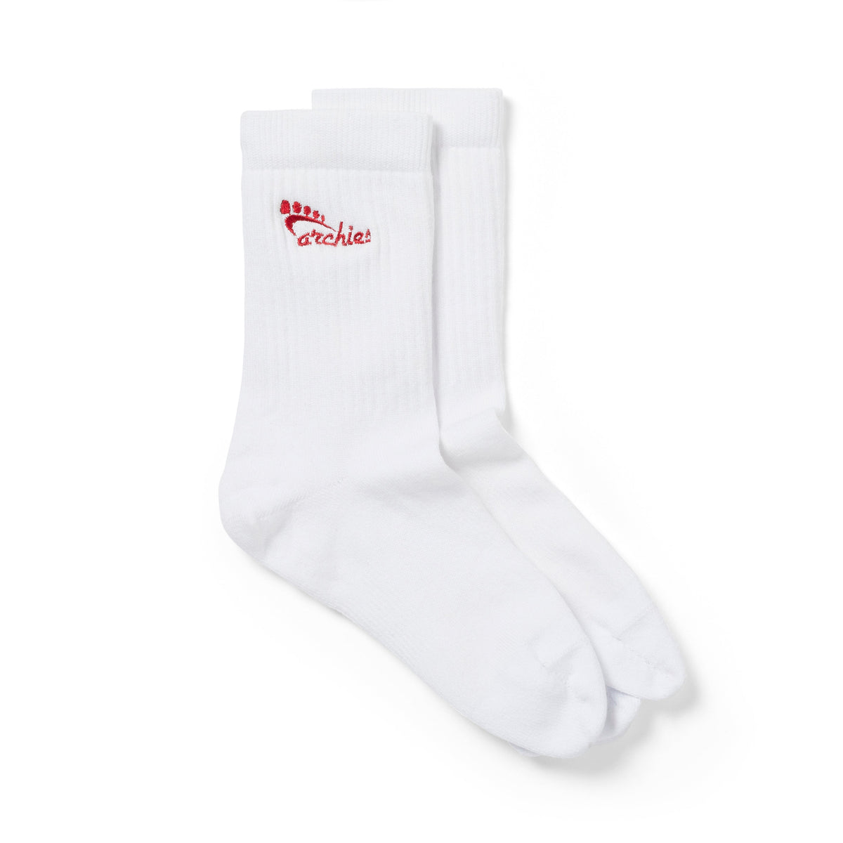 White Archies performance socks with red embroidery
