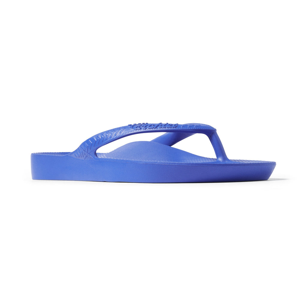 Royal Blue Arch support flip flops right shoe facing 3/4 studio image