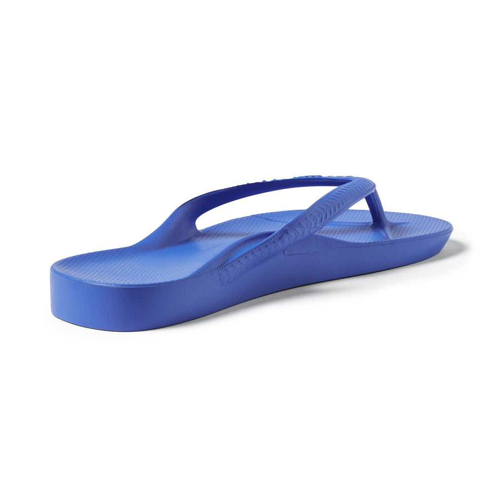 Royal Blue Arch support flip flops left shoe back 3/4 studio image