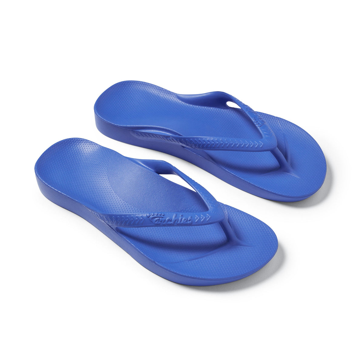 Royal Blue Arch support flip flops top down 3/4 studio image